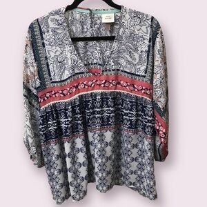 Knox Rose Womens Bohemian Print Floral Paisley Elastic Sleeves Blouse Size Small